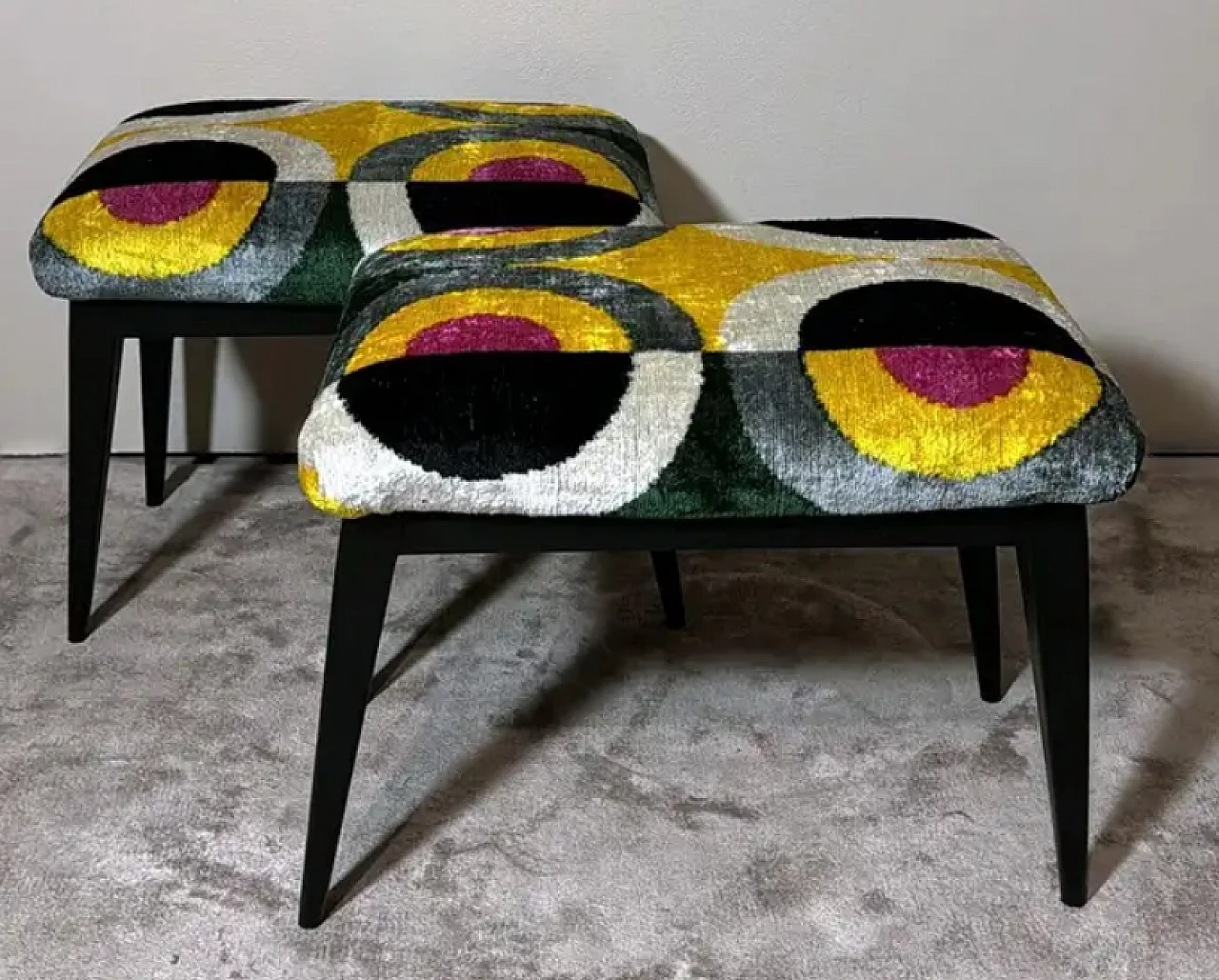 Pair of wood and silk velvet Ikat benches, 1950s 5