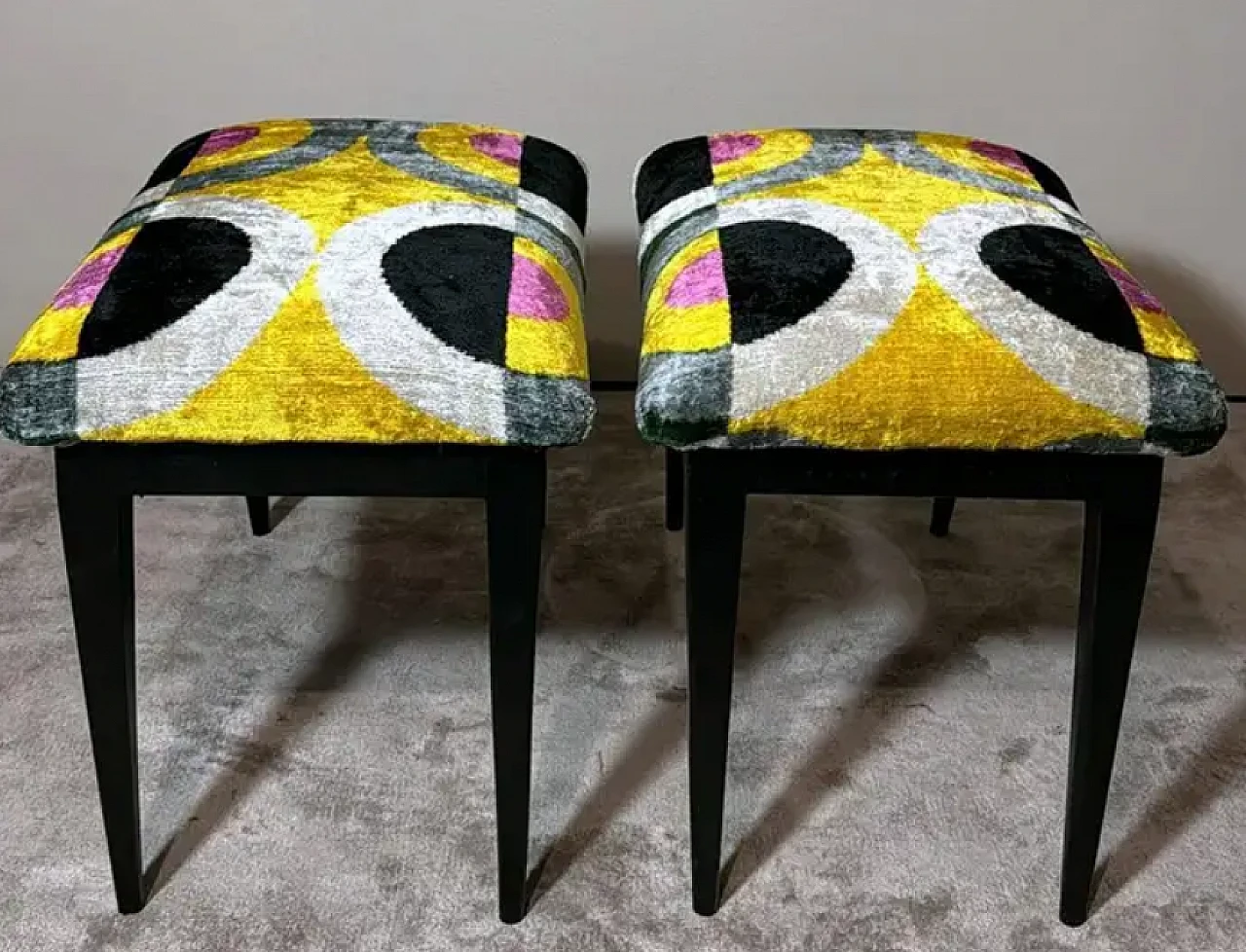 Pair of wood and silk velvet Ikat benches, 1950s 6