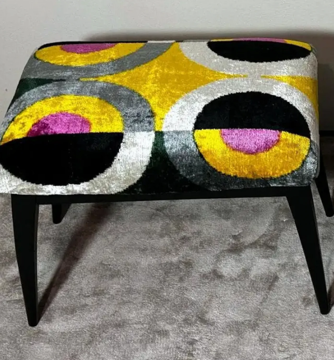 Pair of wood and silk velvet Ikat benches, 1950s 8