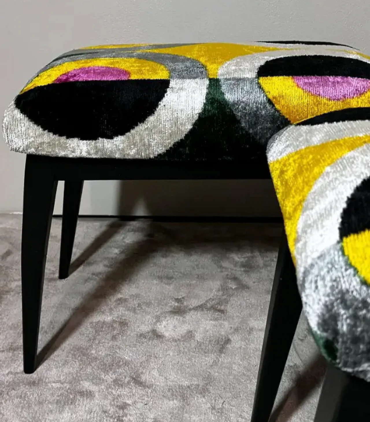 Pair of wood and silk velvet Ikat benches, 1950s 9