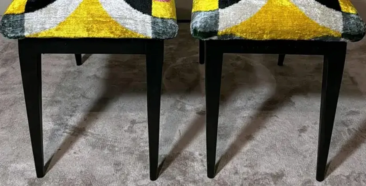 Pair of wood and silk velvet Ikat benches, 1950s 11