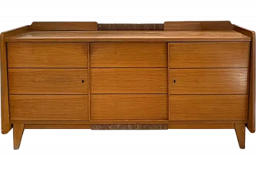 Credenza francese in pino e rattan, anni '70