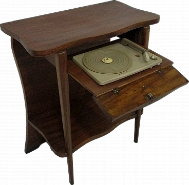 Side table with Philips music turntable in oak wood, 1950s