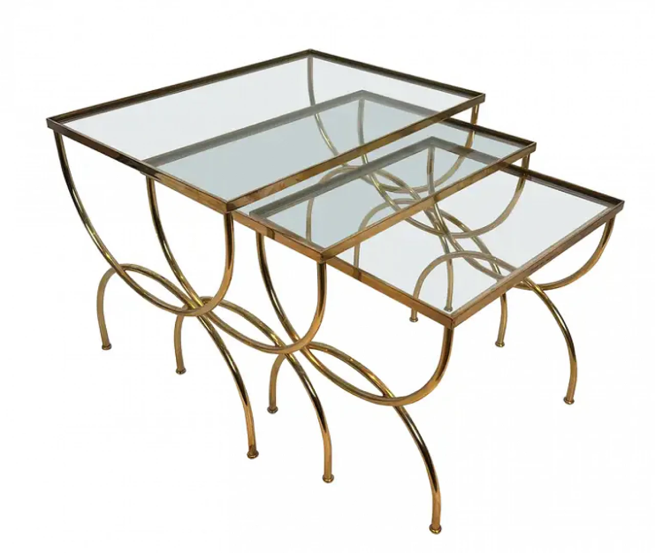 3 Brass coffee tables with arched base, 1940s 1