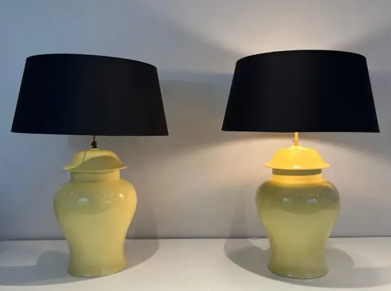 Coppia di lampade da tavolo in ceramica gialla, anni '70 2