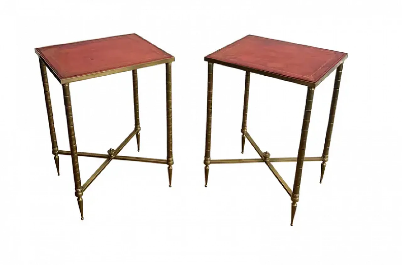 Pair of faux bamboo and brass coffee tables with leather tops, 1940s 1