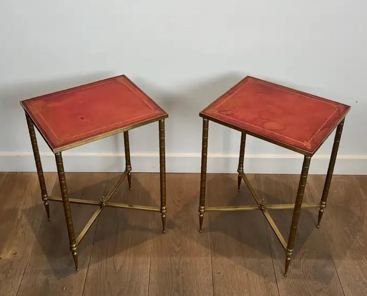 Pair of faux bamboo and brass coffee tables with leather tops, 1940s 2