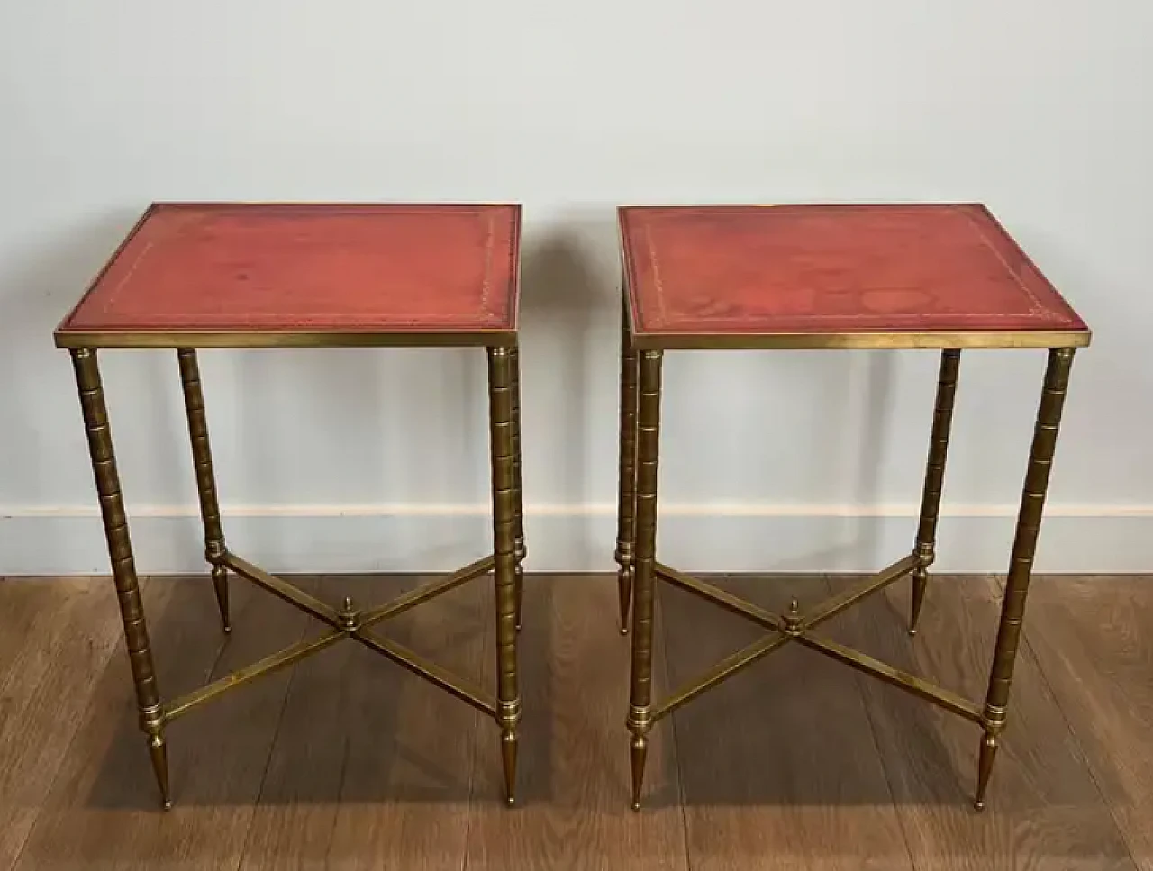 Pair of faux bamboo and brass coffee tables with leather tops, 1940s 3