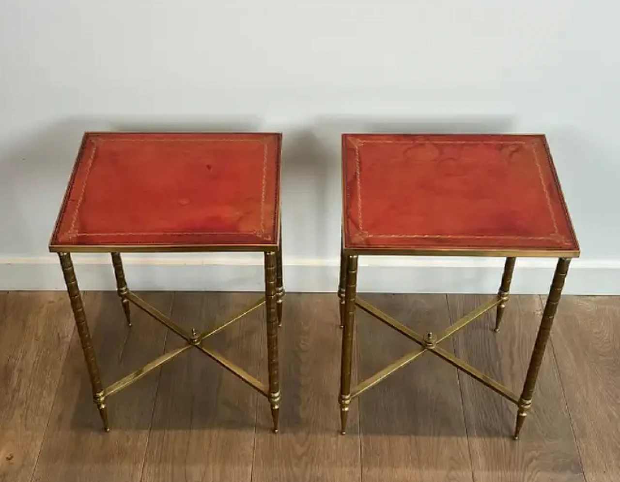 Pair of faux bamboo and brass coffee tables with leather tops, 1940s 4