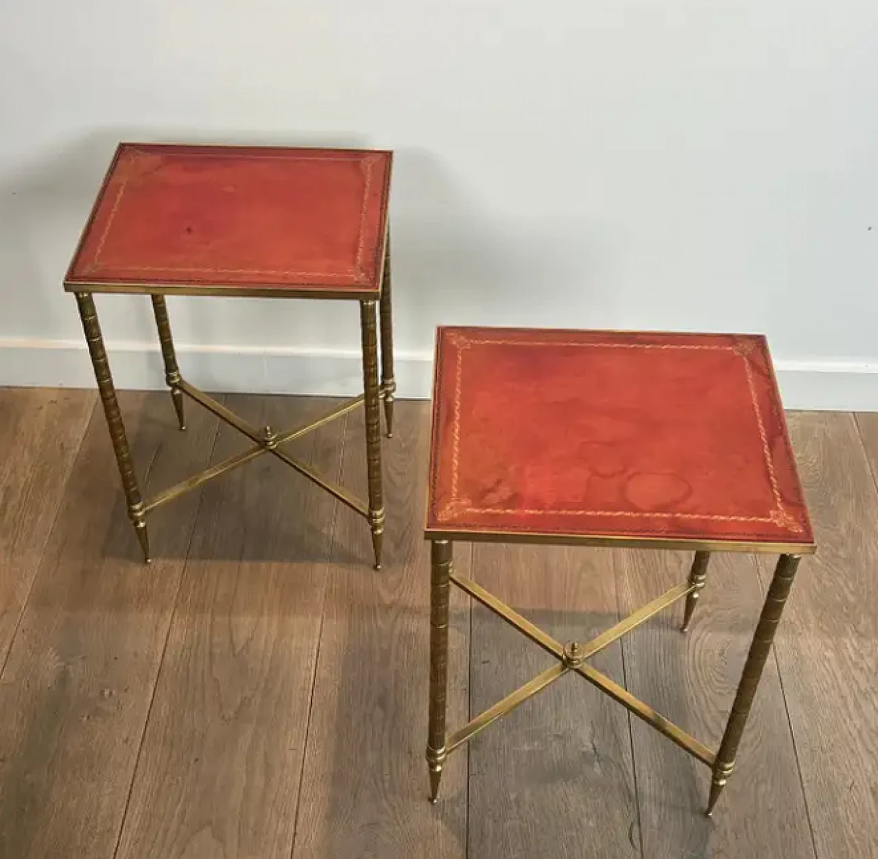 Pair of faux bamboo and brass coffee tables with leather tops, 1940s 5