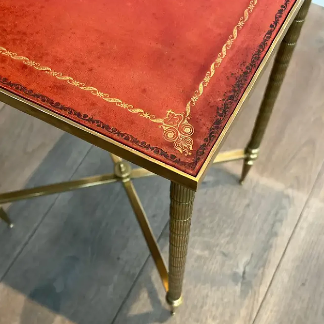 Pair of faux bamboo and brass coffee tables with leather tops, 1940s 6