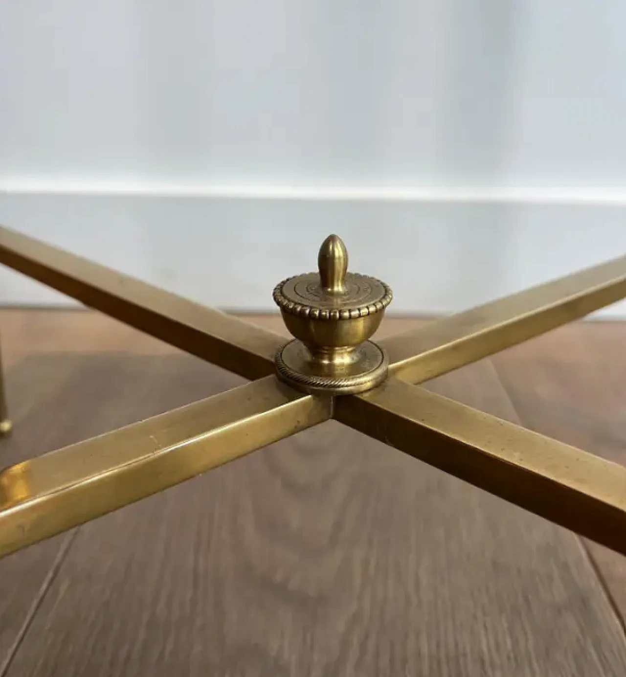 Pair of faux bamboo and brass coffee tables with leather tops, 1940s 8