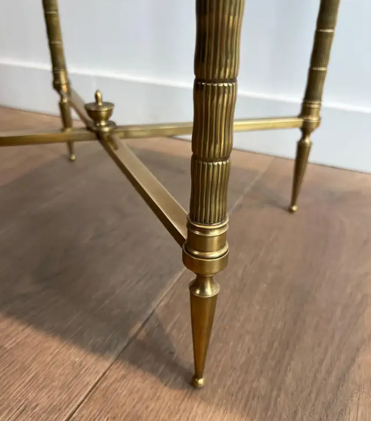 Pair of faux bamboo and brass coffee tables with leather tops, 1940s 9