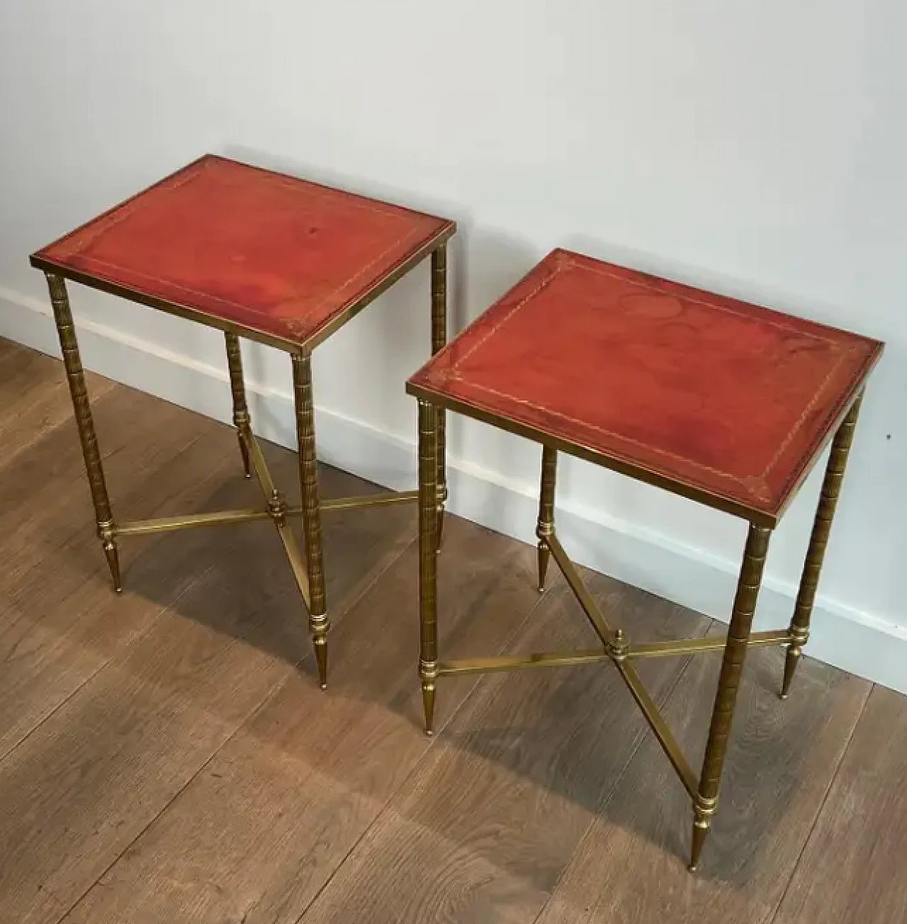 Pair of faux bamboo and brass coffee tables with leather tops, 1940s 10