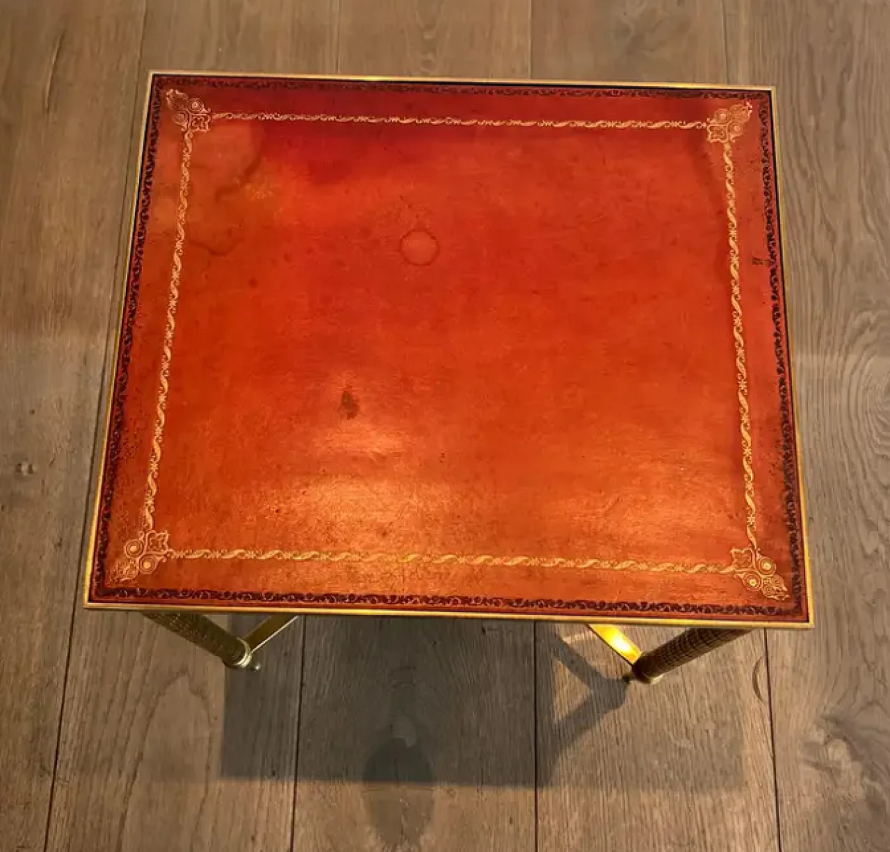 Pair of faux bamboo and brass coffee tables with leather tops, 1940s 12