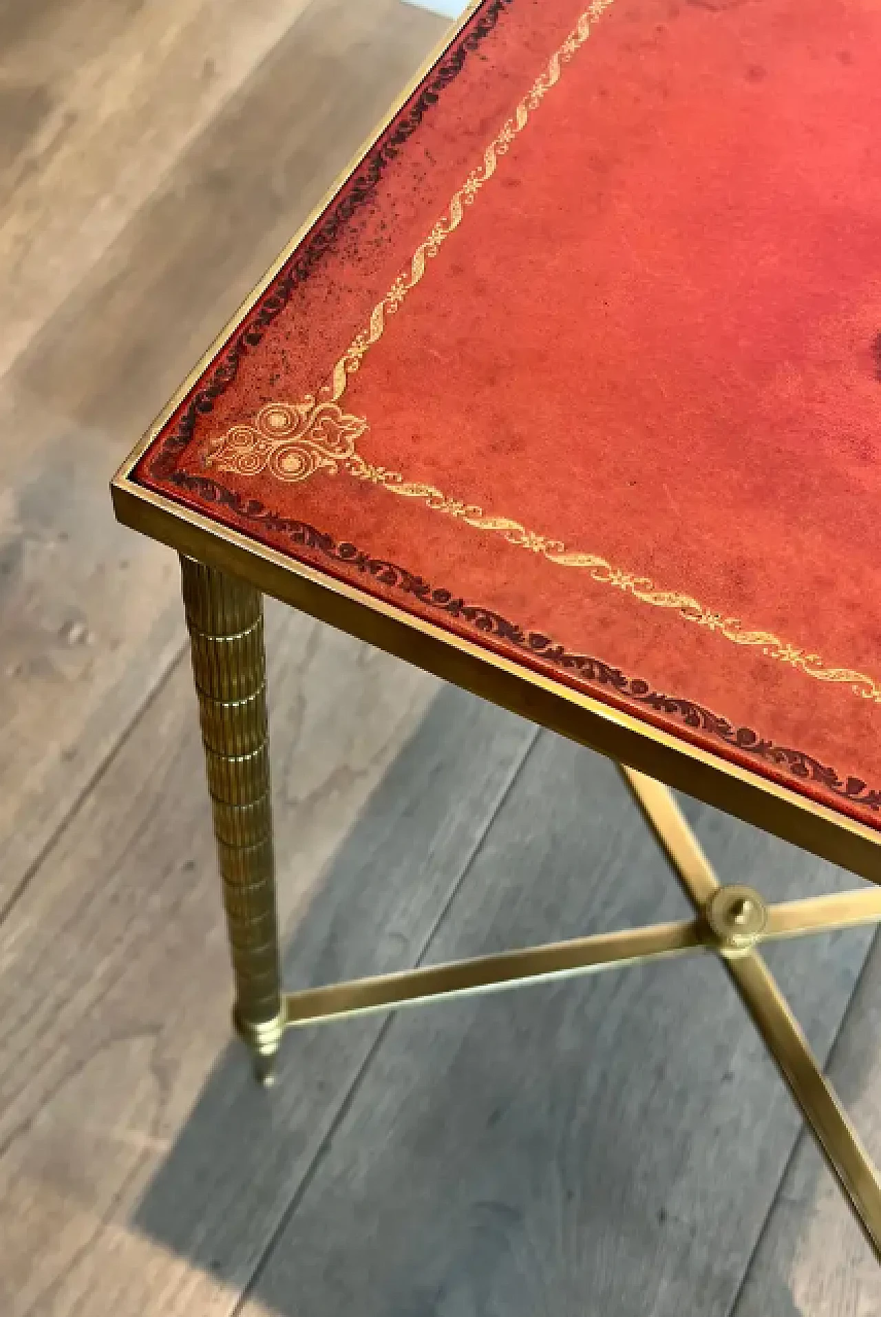 Pair of faux bamboo and brass coffee tables with leather tops, 1940s 14