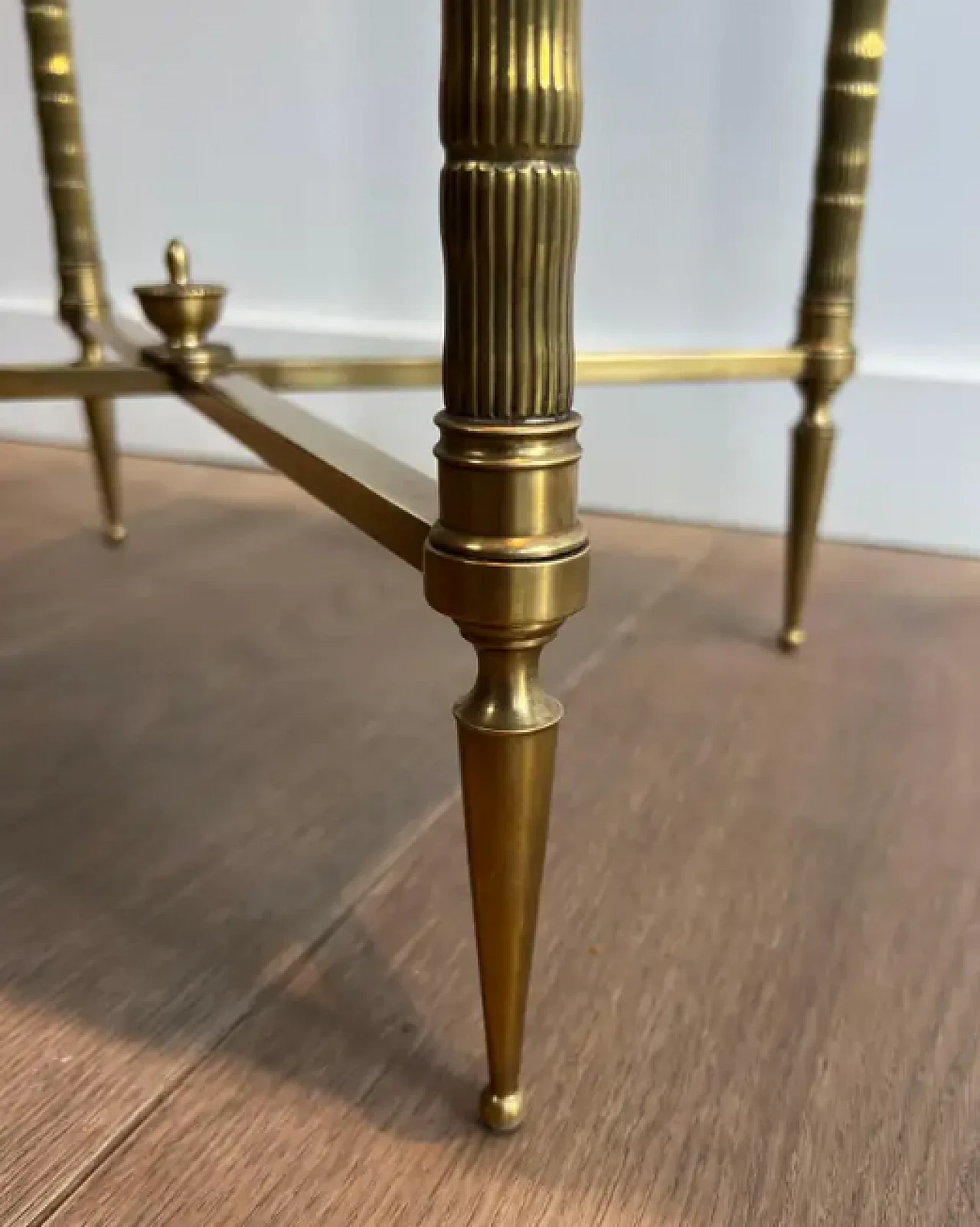 Pair of faux bamboo and brass coffee tables with leather tops, 1940s 16