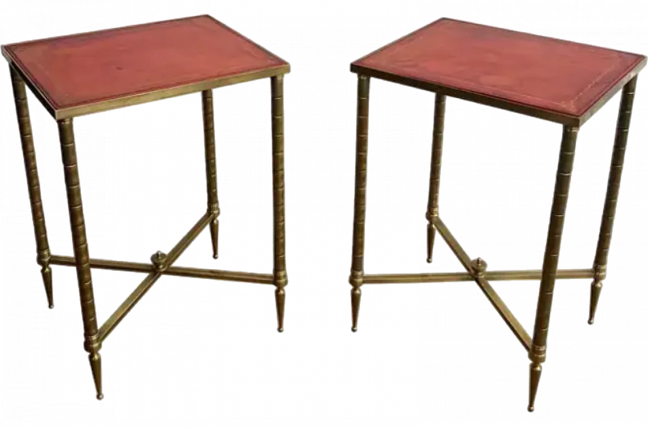 Pair of faux bamboo and brass coffee tables with leather tops, 1940s 17