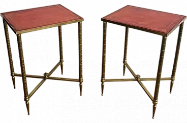 Pair of faux bamboo and brass coffee tables with leather tops, 1940s