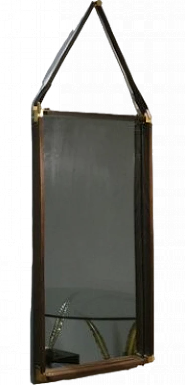 Wall mirror in teak, brass and leather, 1960s