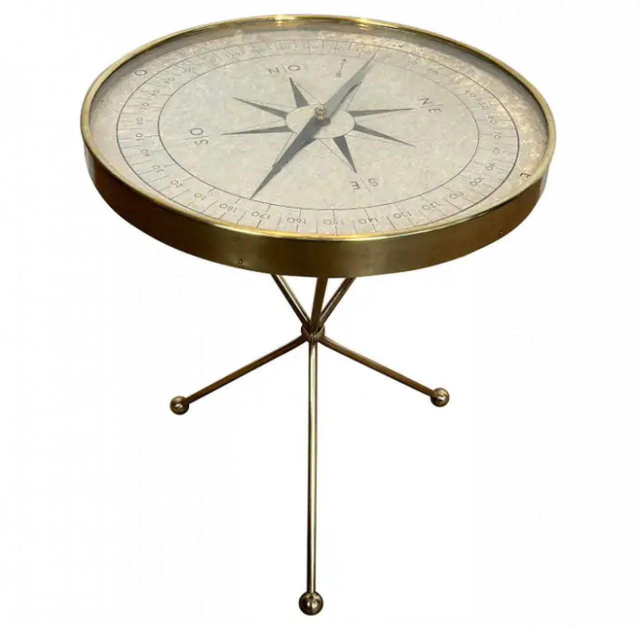 Tavolino rotondo in ottone Compass stile Jacques Adnet, anni '40 1