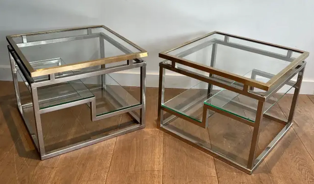 Pair of French coffee tables in chrome, brass and glass, 1970s 1