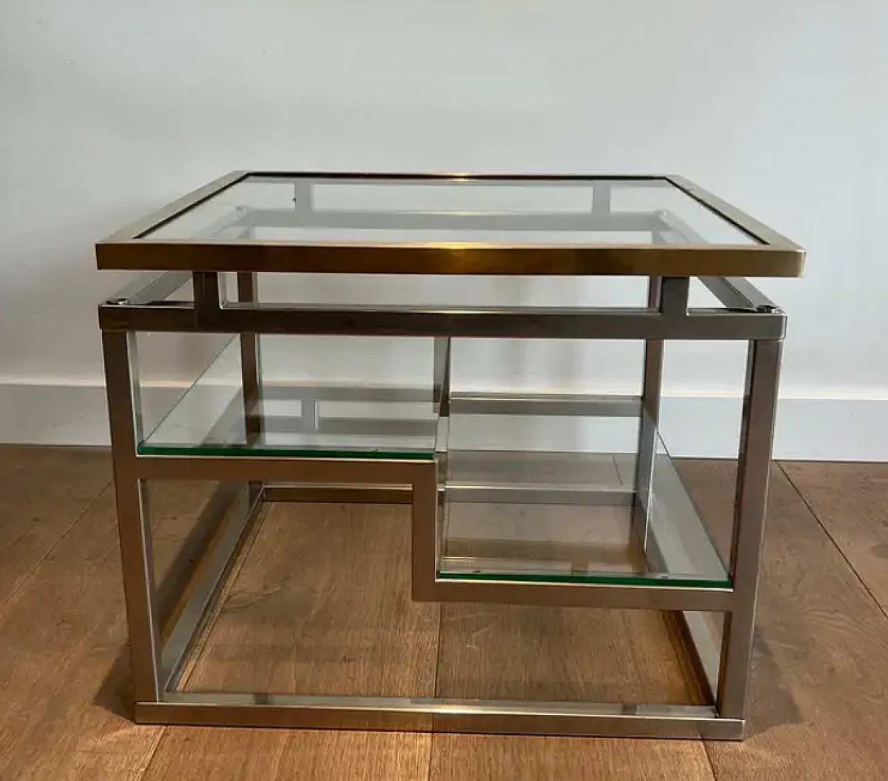 Pair of French coffee tables in chrome, brass and glass, 1970s 2