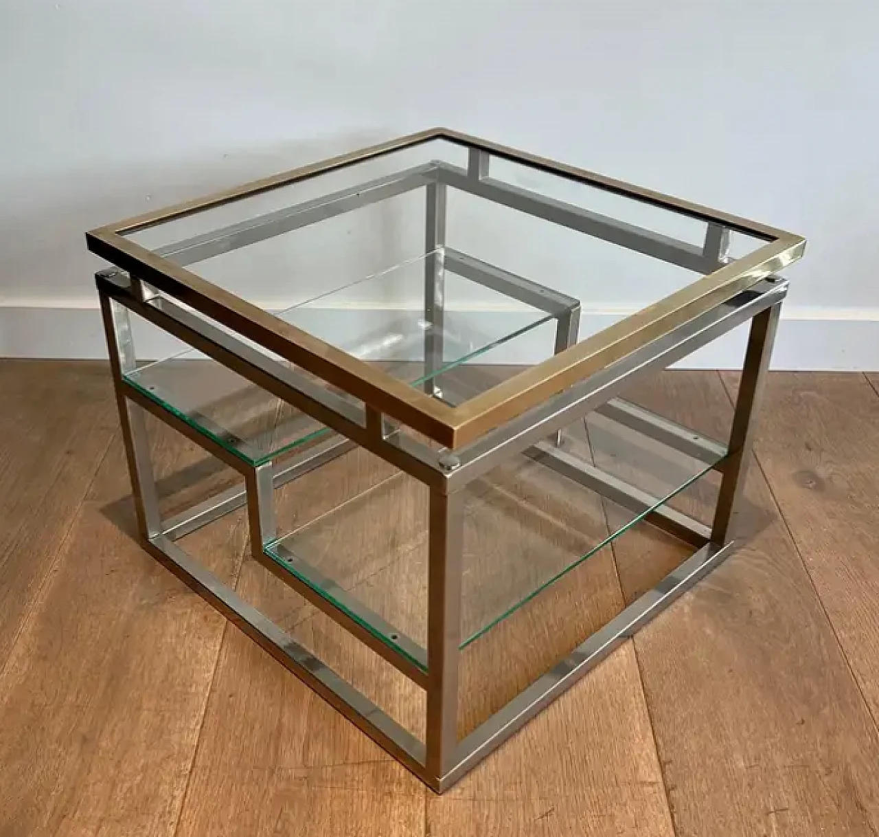 Pair of French coffee tables in chrome, brass and glass, 1970s 3