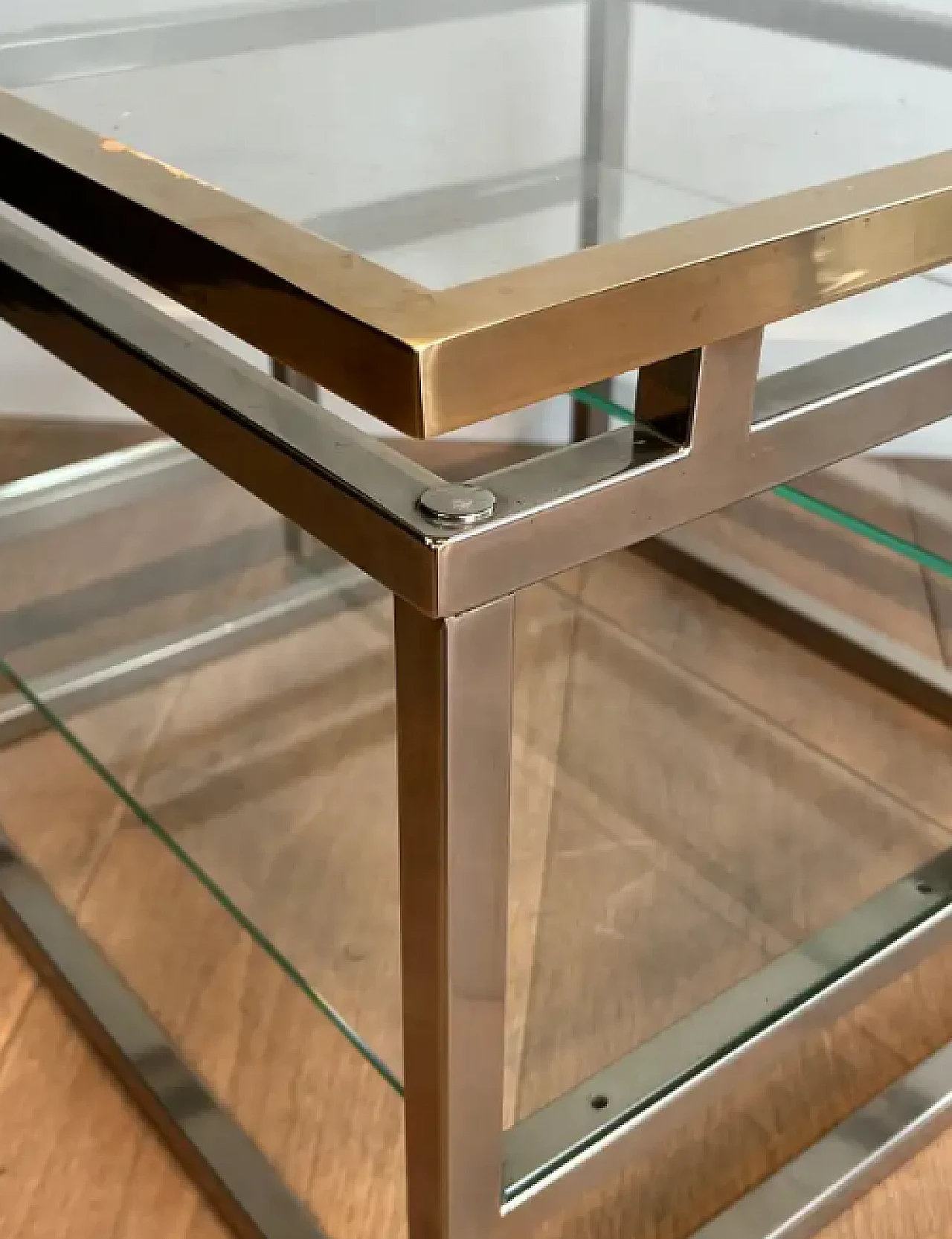 Pair of French coffee tables in chrome, brass and glass, 1970s 5