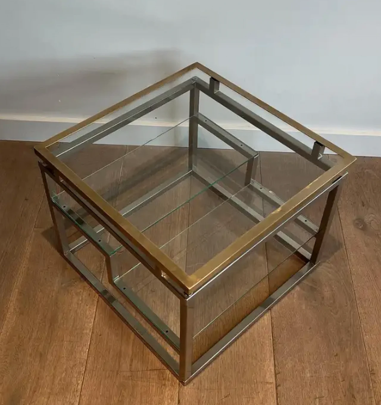 Pair of French coffee tables in chrome, brass and glass, 1970s 10