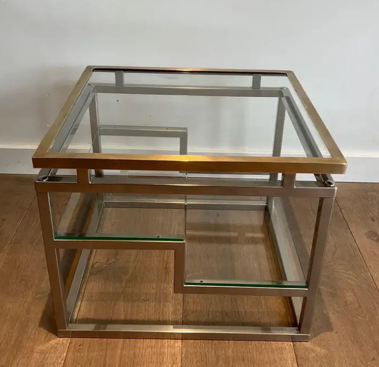 Pair of French coffee tables in chrome, brass and glass, 1970s 11