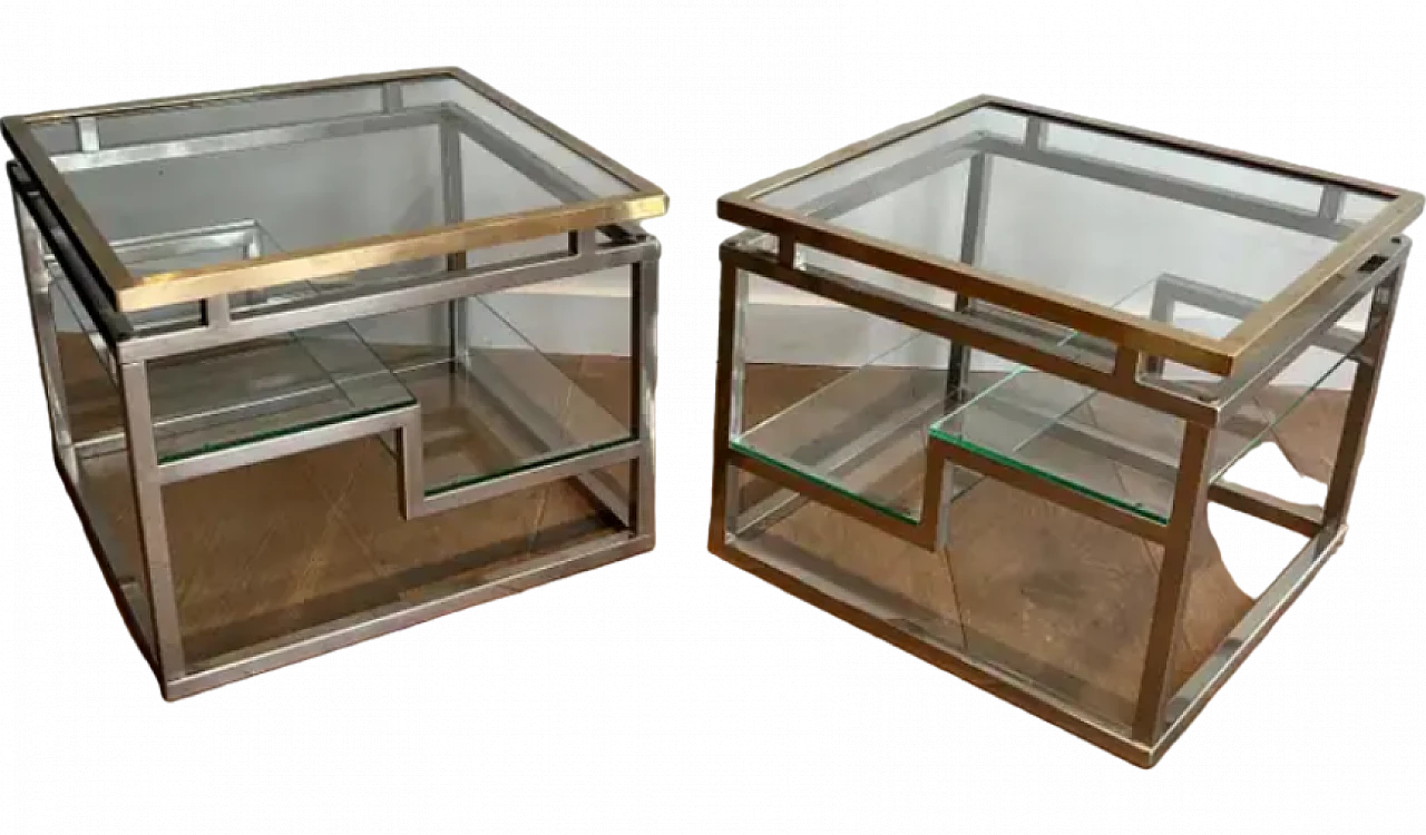 Pair of French coffee tables in chrome, brass and glass, 1970s 13