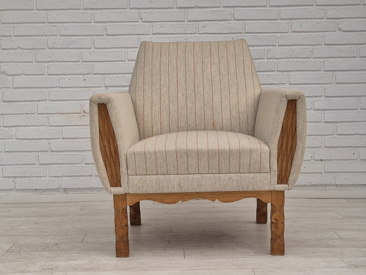 1970s, Danish lounge chair, furniture wool, oak wood, original conditi 5