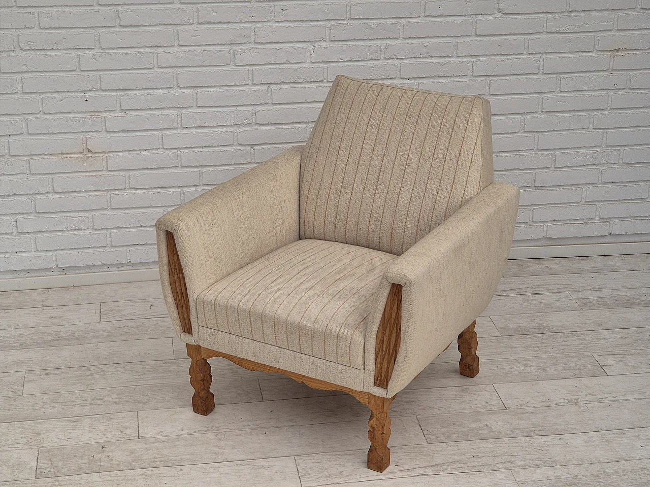 1970s, Danish lounge chair, furniture wool, oak wood, original conditi 12