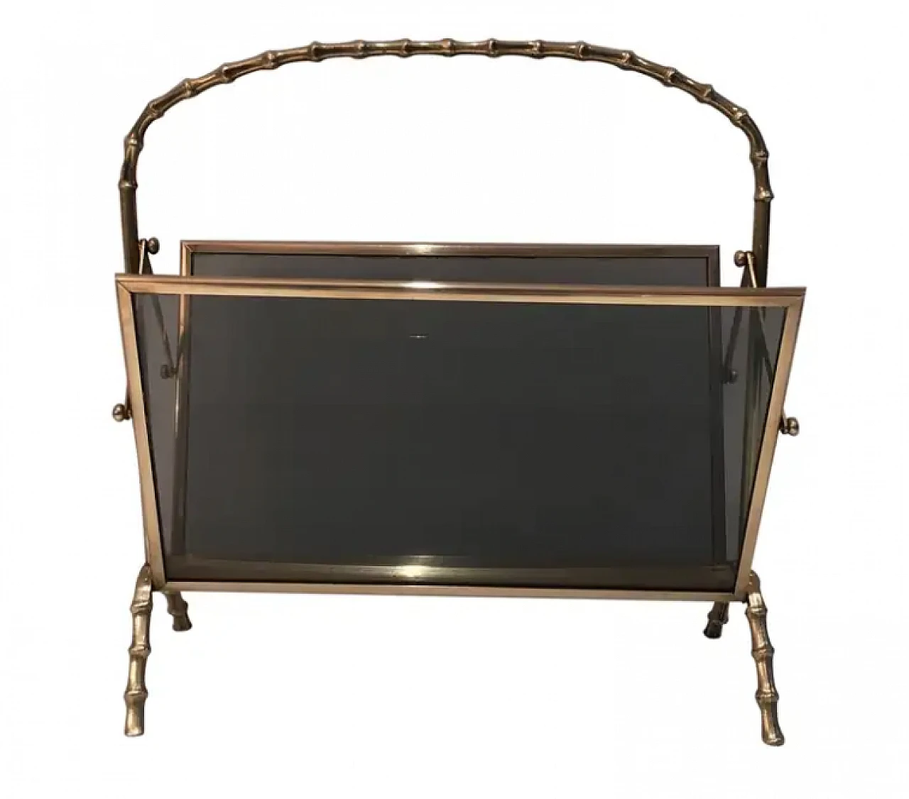 Magazine rack in imitation bamboo, brass and glass panels, 1940s 1