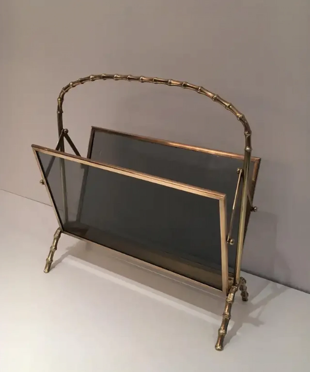 Magazine rack in imitation bamboo, brass and glass panels, 1940s 2