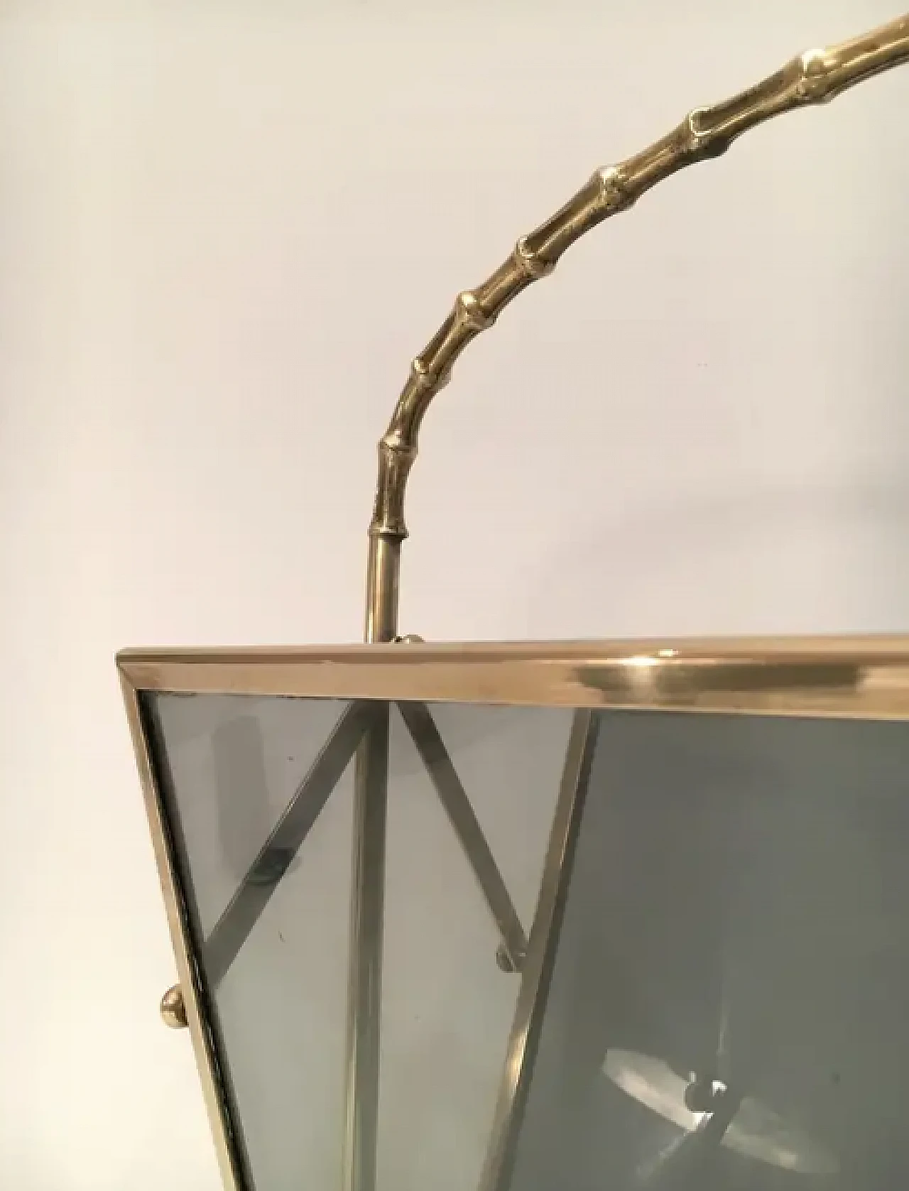 Magazine rack in imitation bamboo, brass and glass panels, 1940s 3