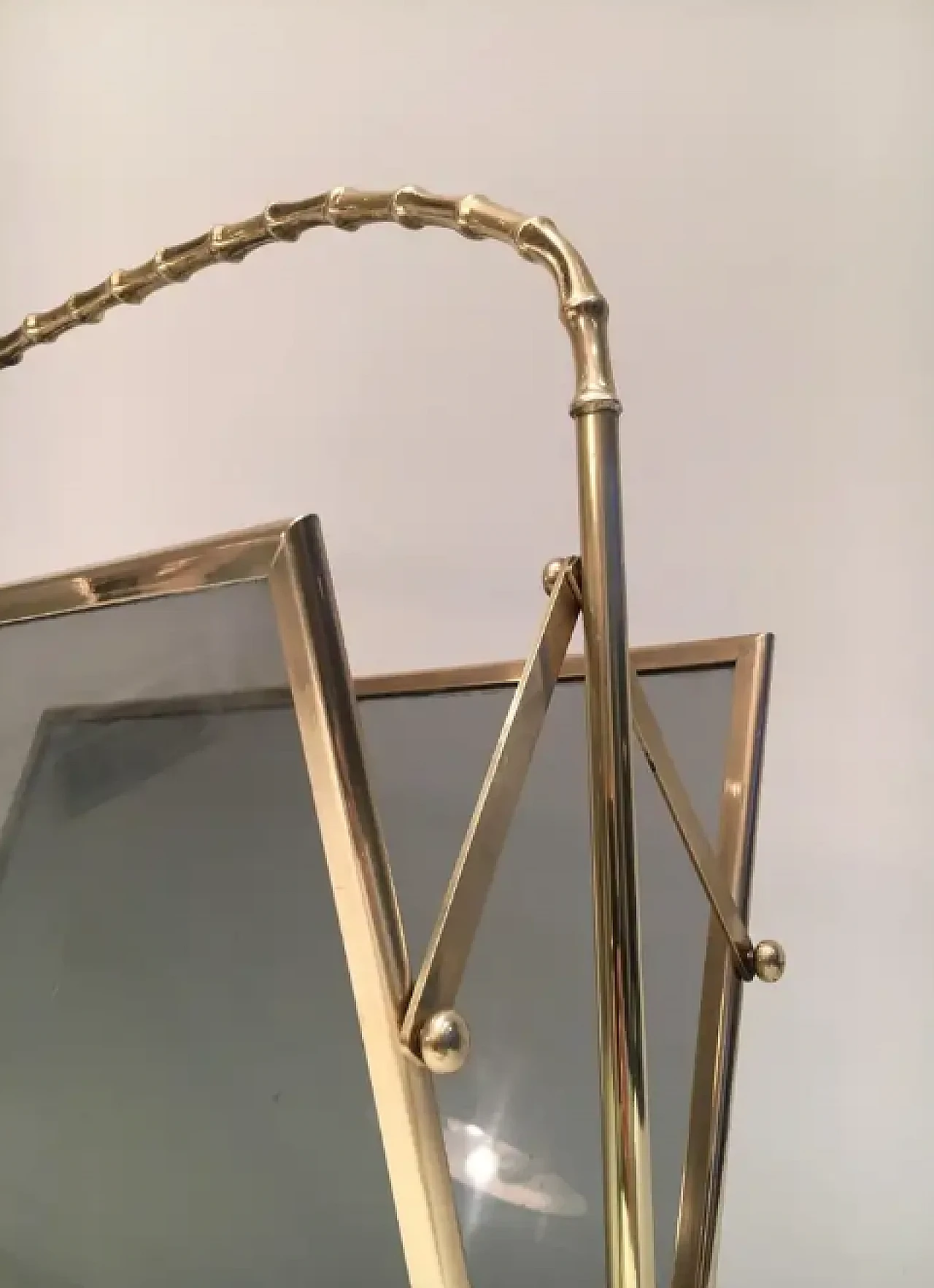 Magazine rack in imitation bamboo, brass and glass panels, 1940s 5