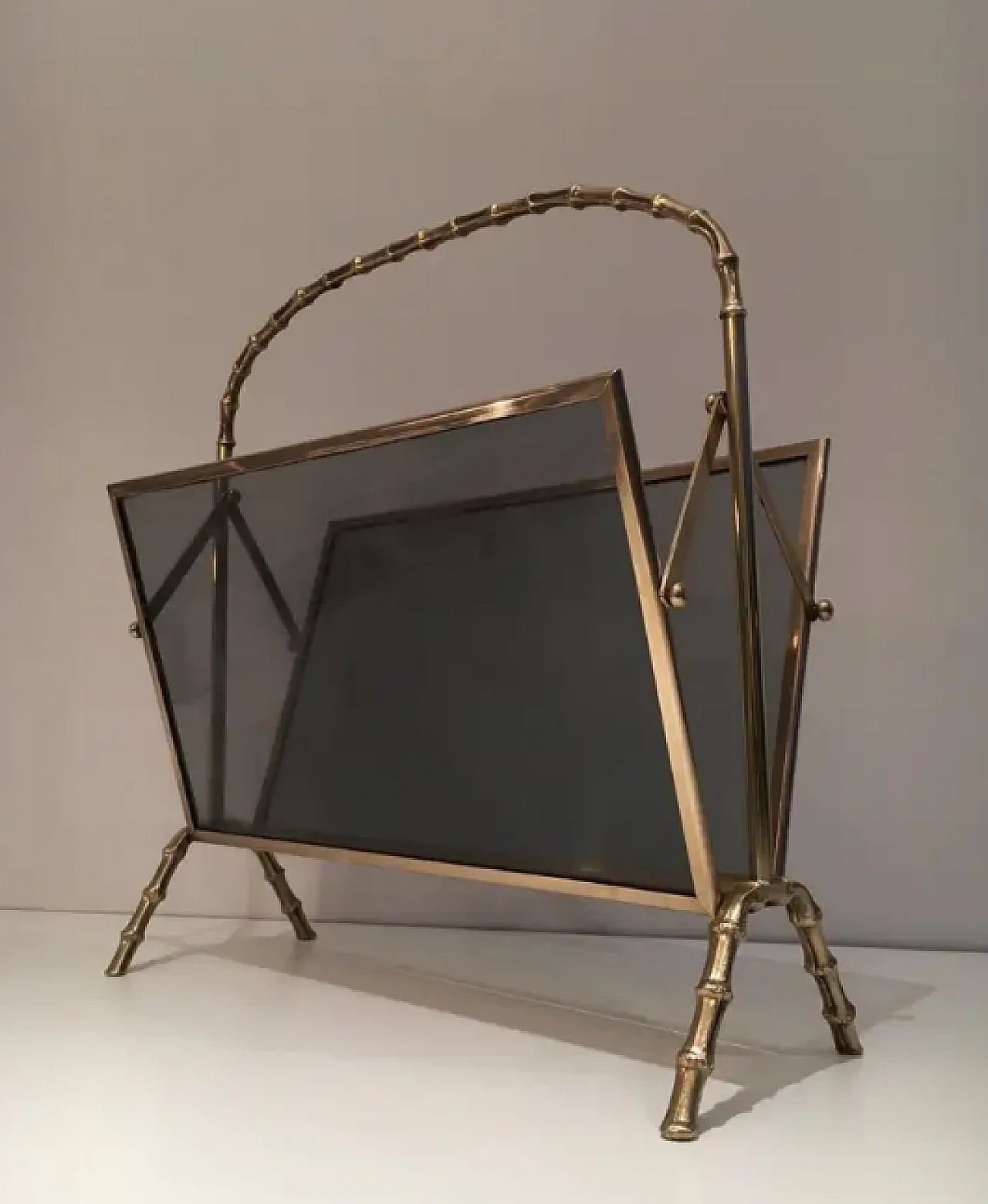 Magazine rack in imitation bamboo, brass and glass panels, 1940s 9