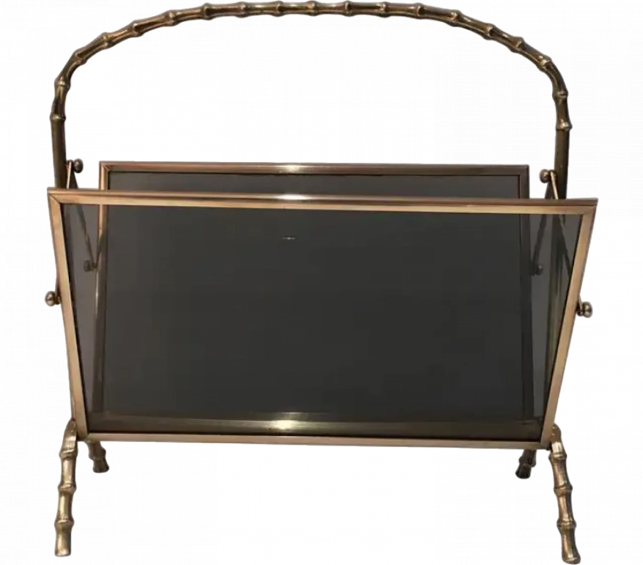 Magazine rack in imitation bamboo, brass and glass panels, 1940s 11