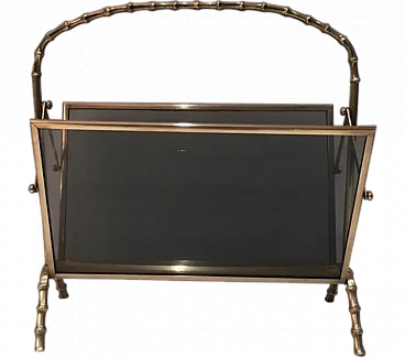 Magazine rack in imitation bamboo, brass and glass panels, 1940s