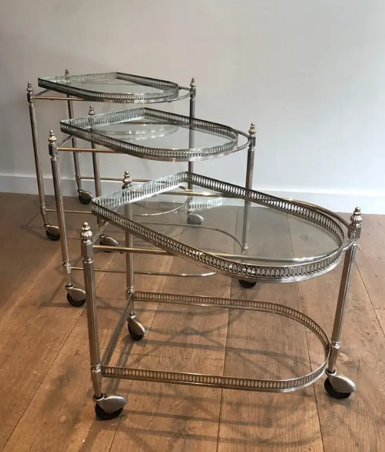 3 Silver-plated brass nesting trolleys by Maison Baguès, 1940s 5