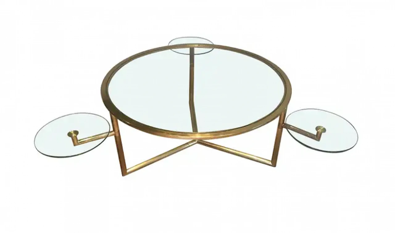 Gilded round coffee table with removable glass shelves, 1970s 1