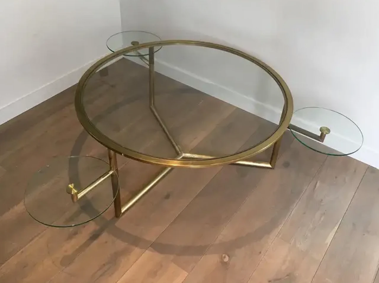 Gilded round coffee table with removable glass shelves, 1970s 2