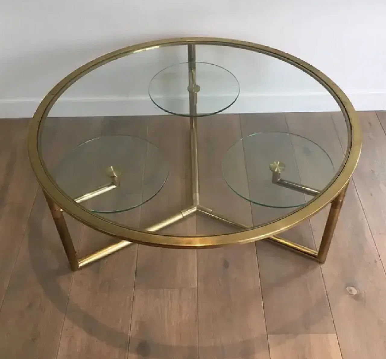 Gilded round coffee table with removable glass shelves, 1970s 3