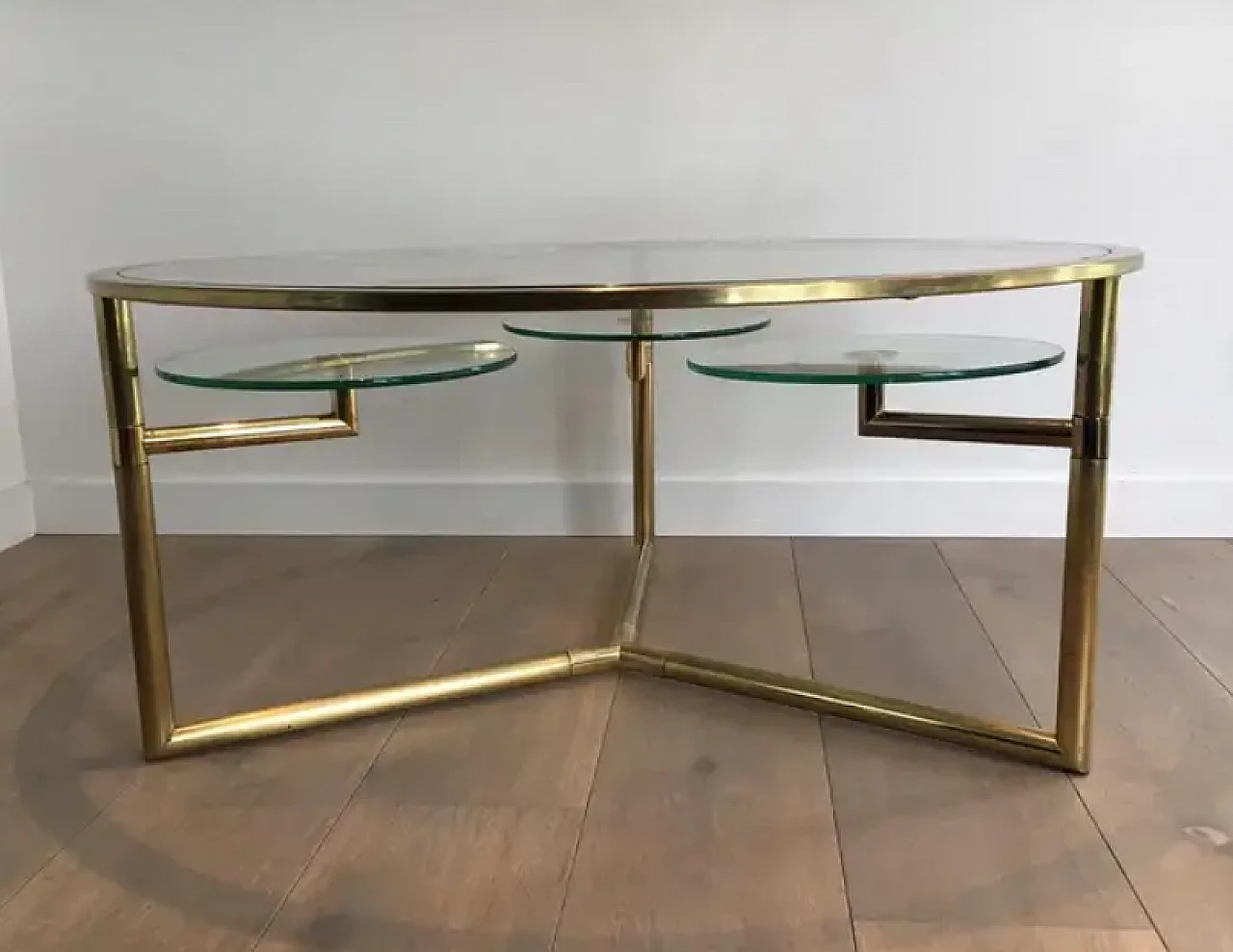 Gilded round coffee table with removable glass shelves, 1970s 4