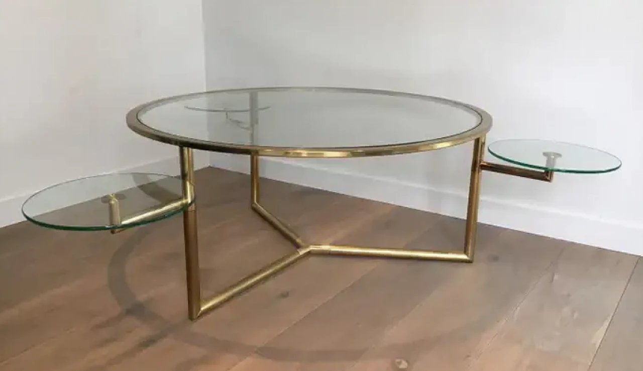 Gilded round coffee table with removable glass shelves, 1970s 5