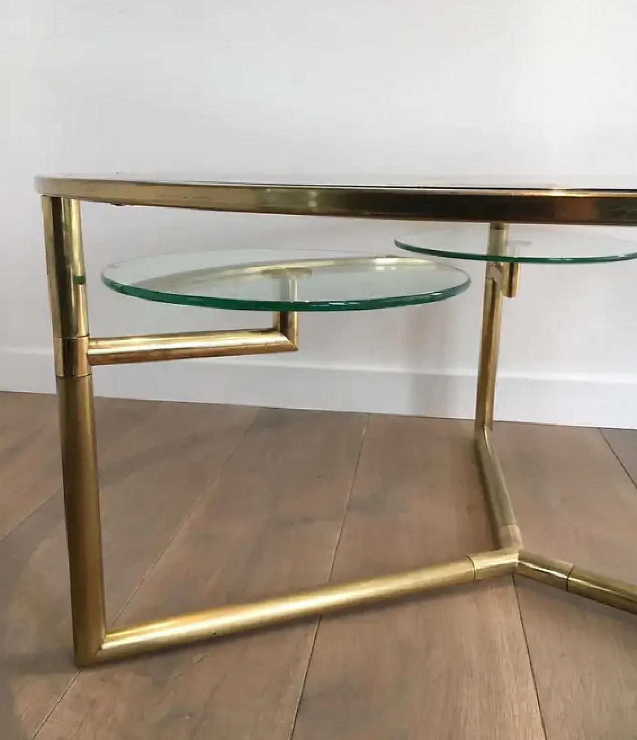 Gilded round coffee table with removable glass shelves, 1970s 6