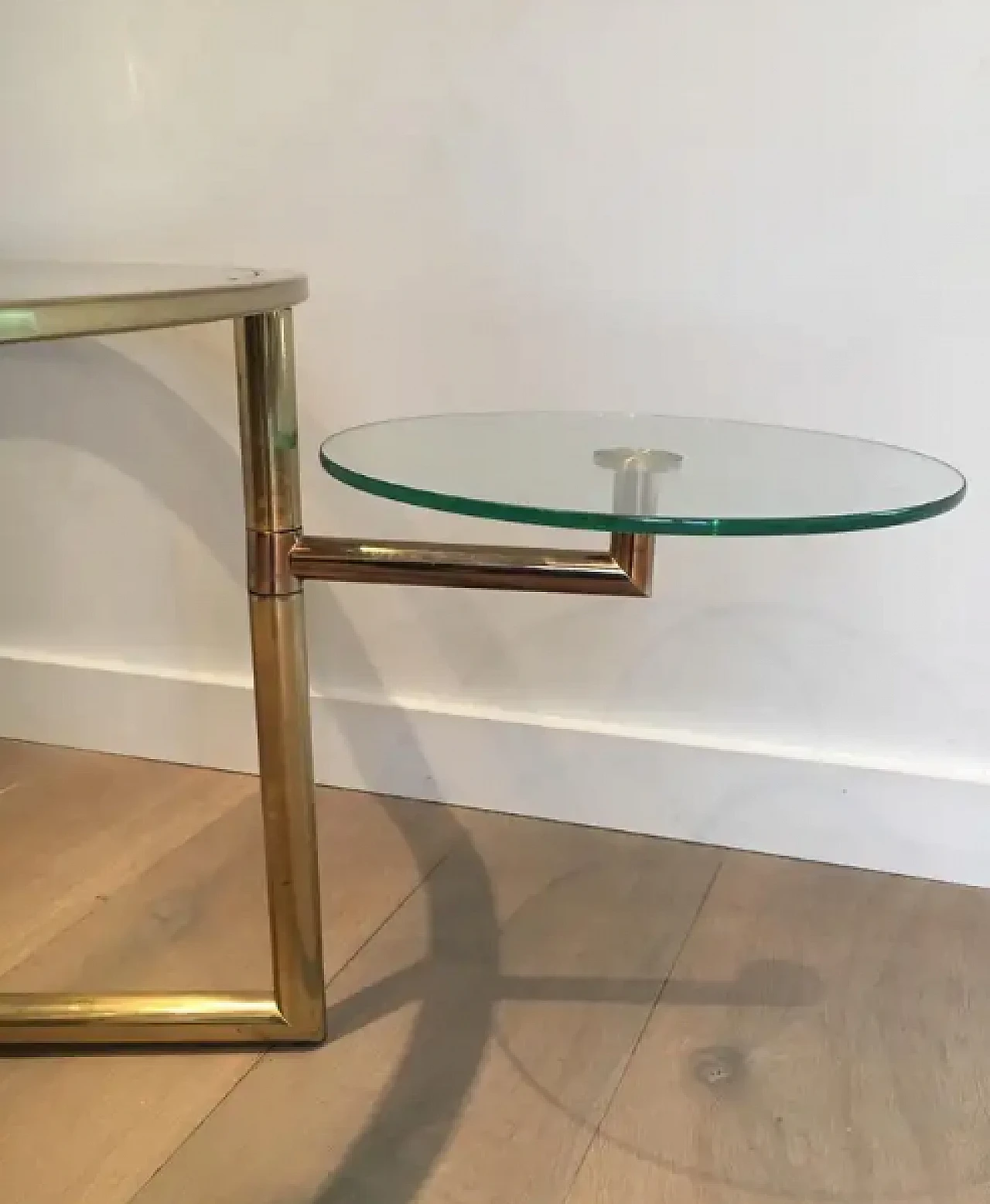 Gilded round coffee table with removable glass shelves, 1970s 7