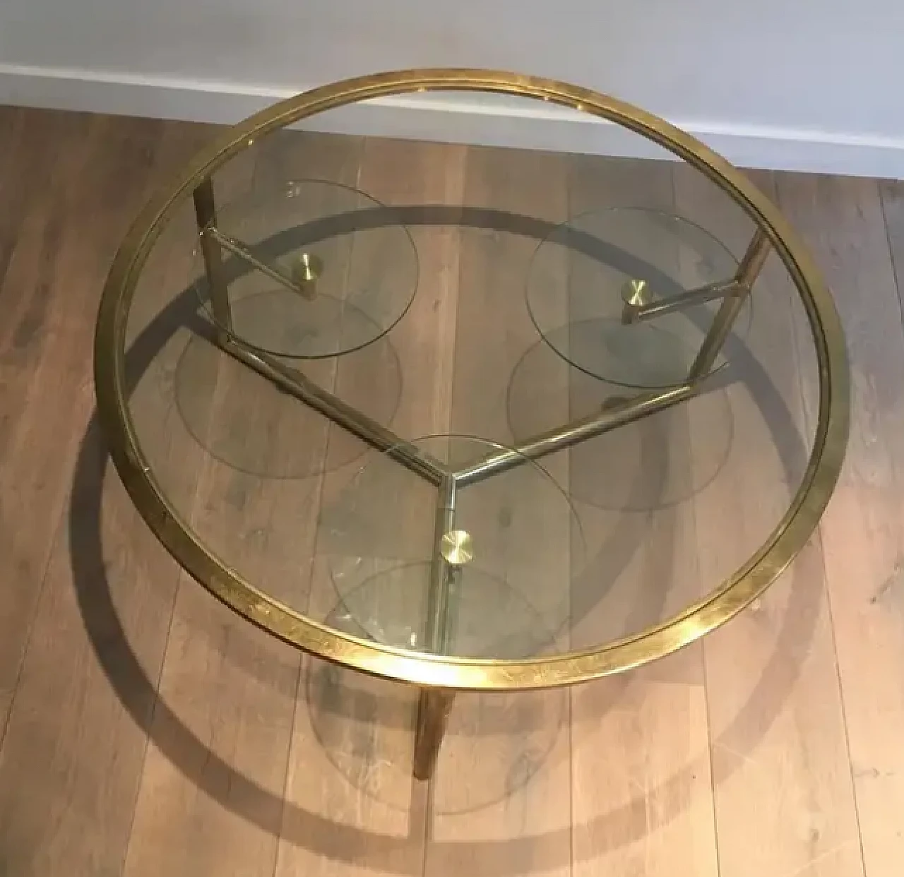 Gilded round coffee table with removable glass shelves, 1970s 10